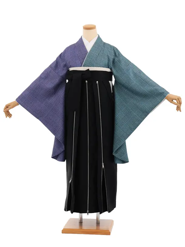 卒業袴T372 ブルー片身替りツィードグレンチェック×黒かざりファスナー付き