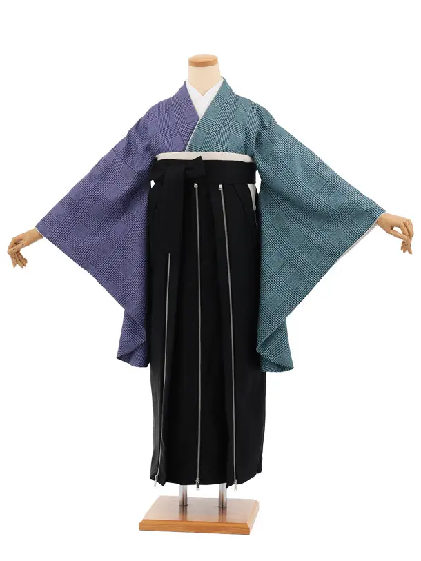 卒業袴T372 ブルー片身替りツィードグレンチェック×黒かざりファスナー付き