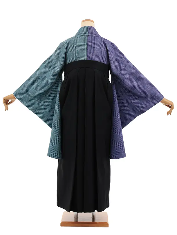 卒業袴T372 ブルー片身替りツィードグレンチェック×黒かざりファスナー付き