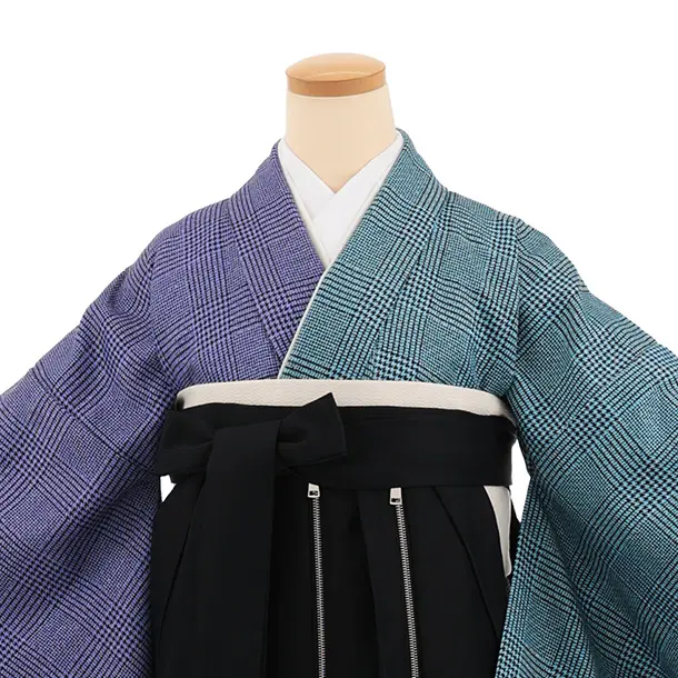 卒業袴T372 ブルー片身替りツィードグレンチェック×黒かざりファスナー付き