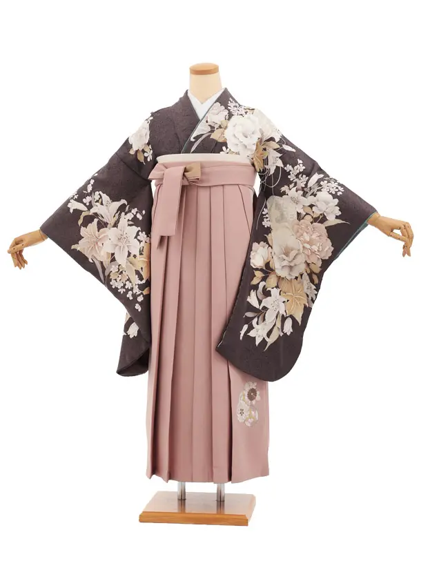 卒業袴T385 グレーまり花×ピンクベージュ