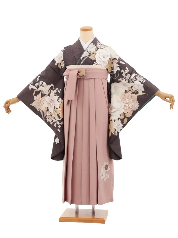 卒業袴T387 グレーまり花×ピンクベージュ