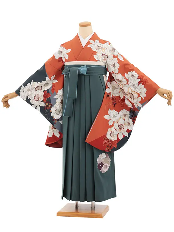 卒業袴T394 テラコッタ花×ペールブルー