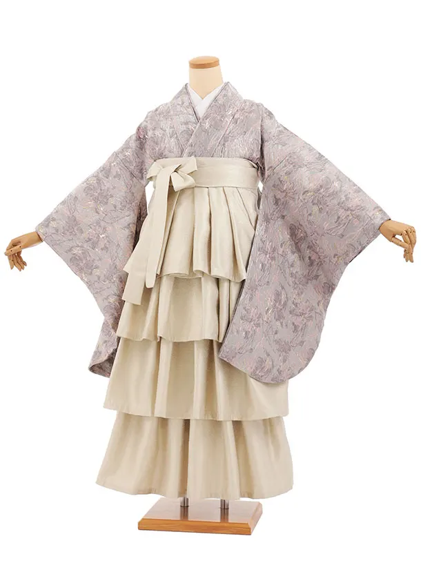 卒業袴T396 ペールパープルふくれ織花×ベージュゴールドティアード