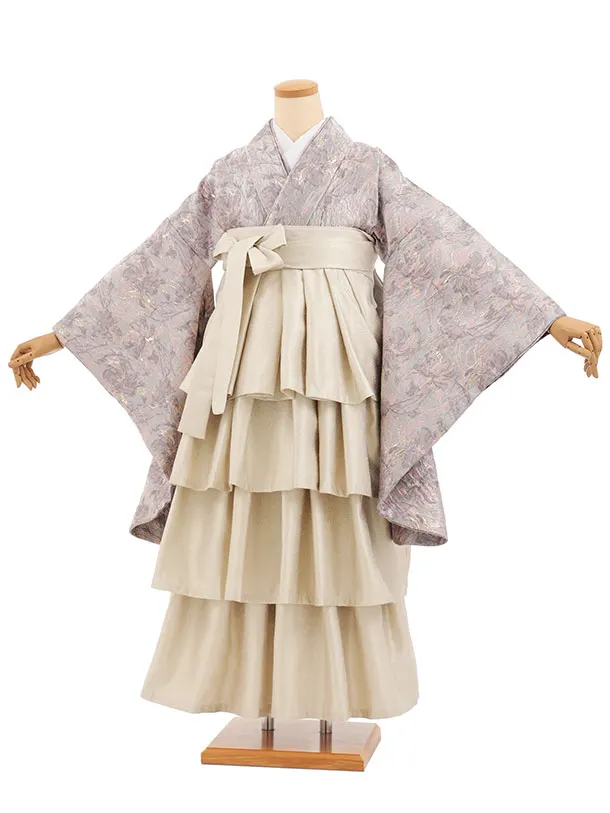 卒業袴T396 ペールパープルふくれ織花×ベージュゴールドティアード