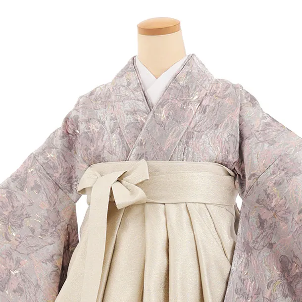 卒業袴T396 ペールパープルふくれ織花×ベージュゴールドティアード