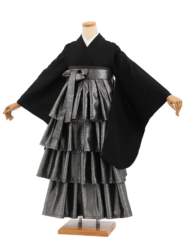 卒業袴T397 黒×ブラックシルバーティアード