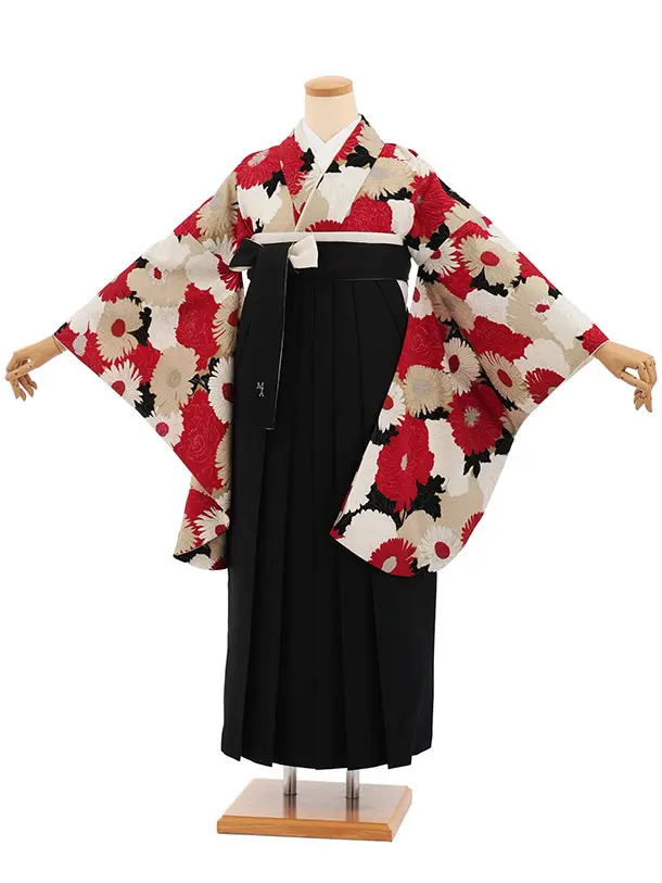 卒業式袴レンタルT406 ﾓﾀﾞﾝｱﾝﾃﾅ 赤ベージュ花×黒