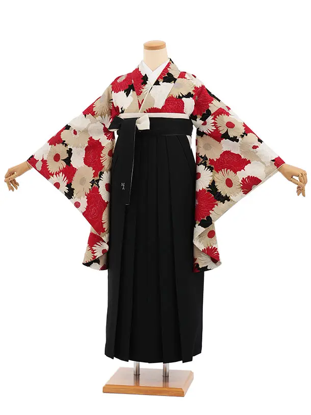 卒業式袴レンタルT406 ﾓﾀﾞﾝｱﾝﾃﾅ 赤ベージュ花×黒