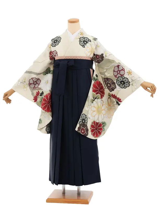 卒業式袴レンタルT409  クリームベージュ古典花×紺