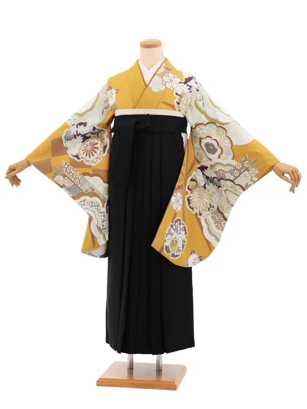 卒業式袴レンタルT410 マスタード古典雪輪×黒