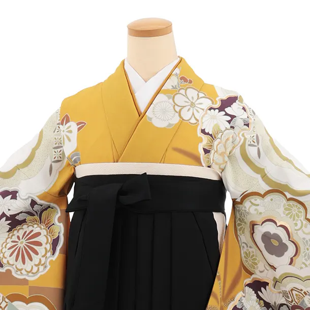 卒業式袴レンタルT410 マスタード古典雪輪×黒