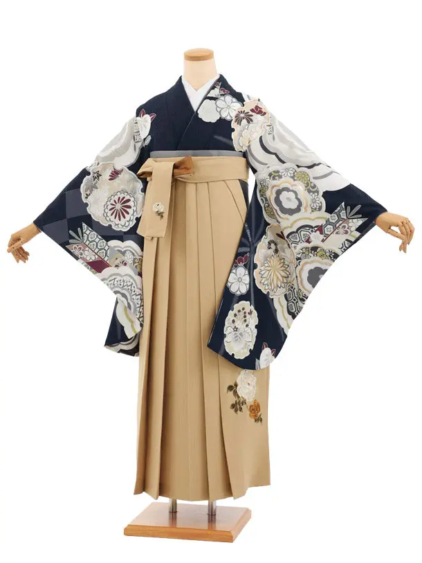 卒業式袴レンタルT411 ネイビー古典雪輪×モカベージュ