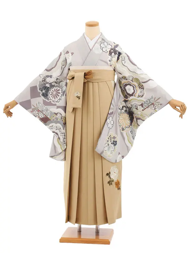 卒業式袴レンタルT413 ｸﾞﾚｲｯｼｭパープル古典雪輪×モカベージュ