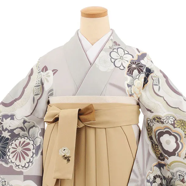 卒業式袴レンタルT413 ｸﾞﾚｲｯｼｭパープル古典雪輪×モカベージュ