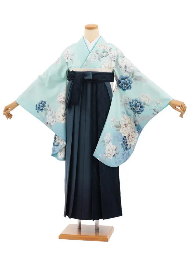 卒業式袴レンタルT414 ペールミント花×ｸﾞﾚｲｯｼｭﾌﾞﾙｰﾚｰｽ