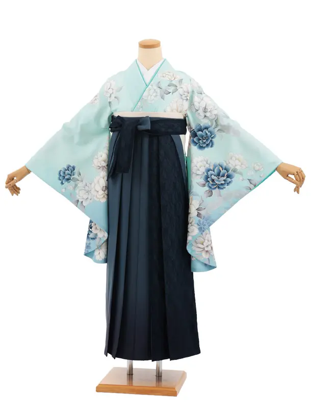 卒業式袴レンタルT414 ペールミント花×ｸﾞﾚｲｯｼｭﾌﾞﾙｰﾚｰｽ