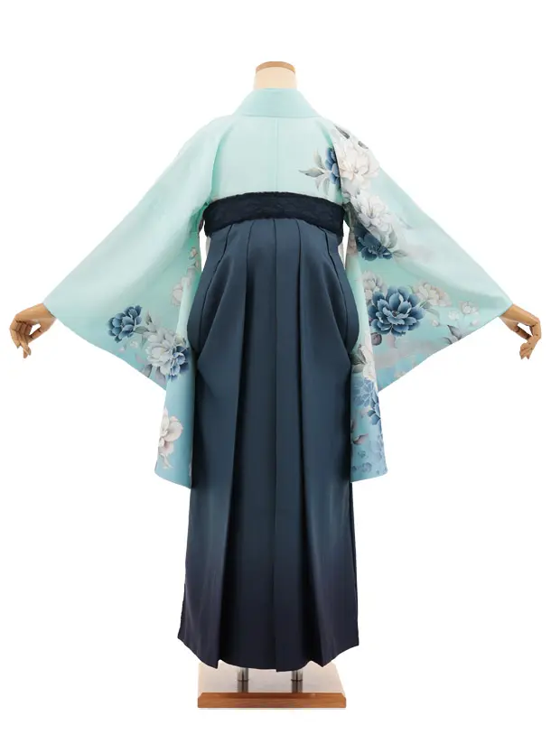 卒業式袴レンタルT414 ペールミント花×ｸﾞﾚｲｯｼｭﾌﾞﾙｰﾚｰｽ