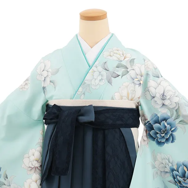 卒業式袴レンタルT414 ペールミント花×ｸﾞﾚｲｯｼｭﾌﾞﾙｰﾚｰｽ