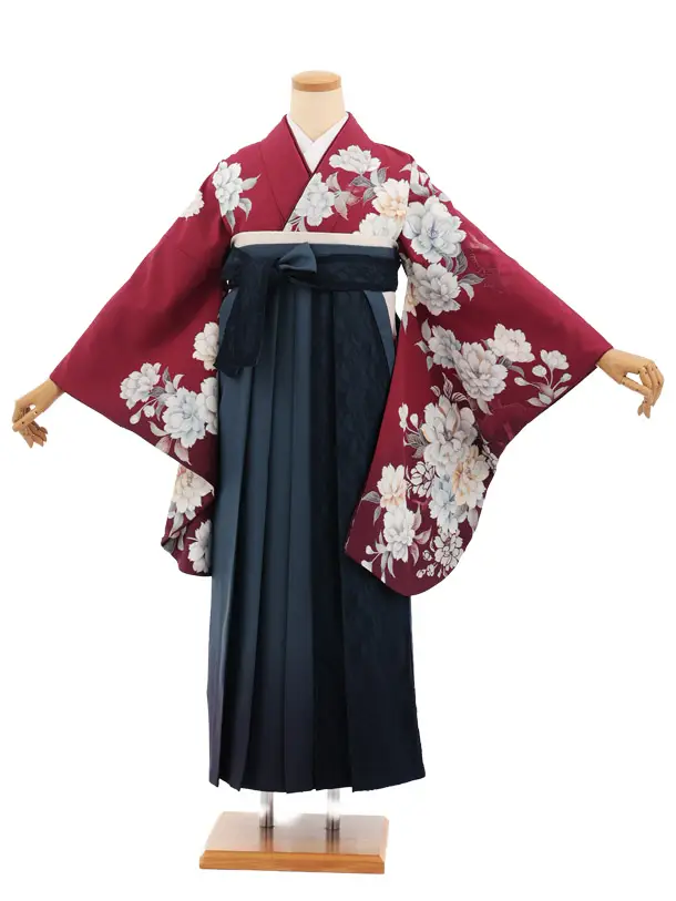 卒業式袴レンタルT415 ボルドー花×ｸﾞﾚｲｯｼｭﾌﾞﾙｰﾚｰｽ