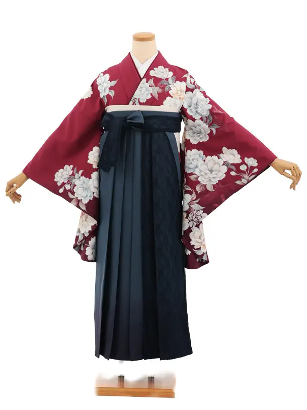 卒業式袴レンタルT415 ボルドー花×ｸﾞﾚｲｯｼｭﾌﾞﾙｰﾚｰｽ