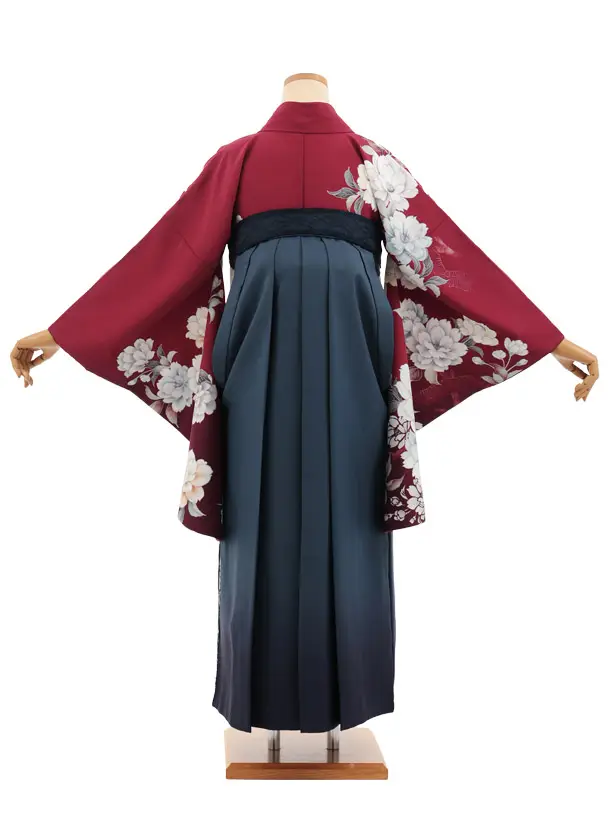 卒業式袴レンタルT415 ボルドー花×ｸﾞﾚｲｯｼｭﾌﾞﾙｰﾚｰｽ