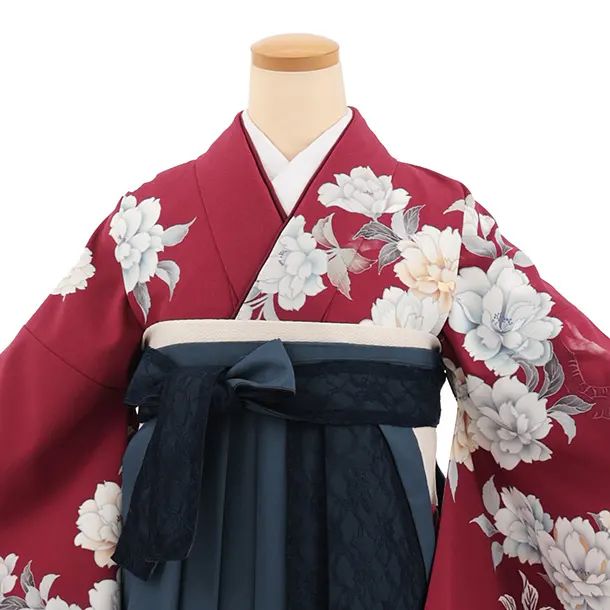 卒業式袴レンタルT415 ボルドー花×ｸﾞﾚｲｯｼｭﾌﾞﾙｰﾚｰｽ
