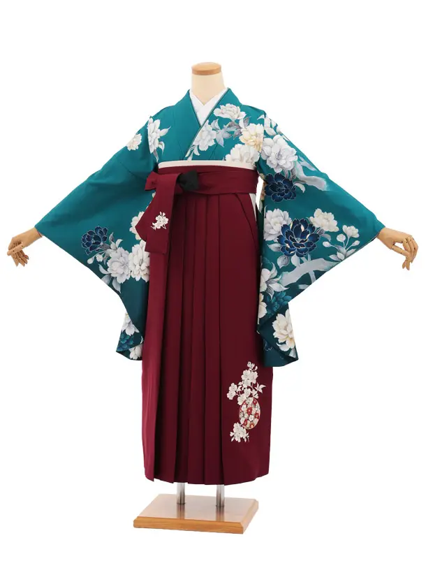 卒業式袴レンタルT416 ターコーズ花×ボルドー