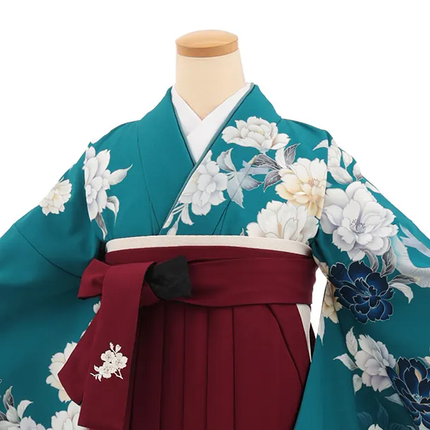 卒業式袴レンタルT416 ターコーズ花×ボルドー