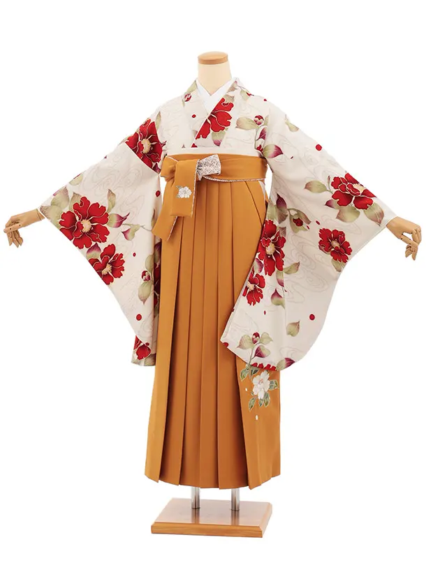 卒業式袴レンタルT420 九重 うすベージュ花跡 × からし