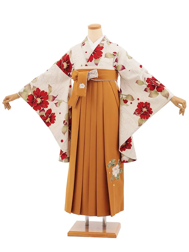 卒業式袴レンタルT420 九重 うすベージュ花跡 × からし