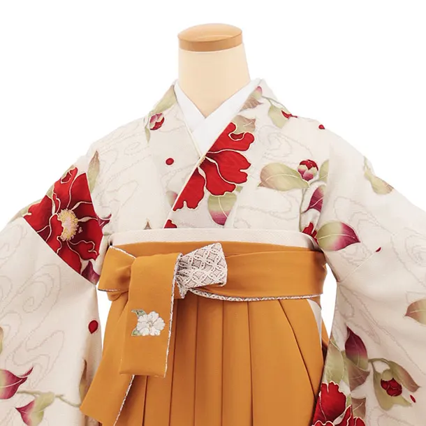 卒業式袴レンタルT421 九重 うすベージュ花跡 × からし