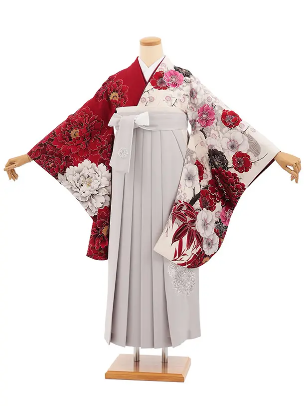 卒業式袴T454 華徒然 赤クリーム片身替りぼたん × うすグレー