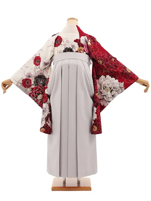 卒業式袴T454 華徒然 赤クリーム片身替りぼたん × うすグレー