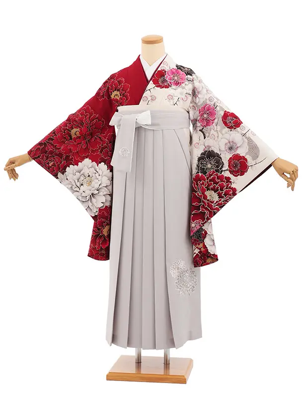 卒業式袴T455 華徒然 赤クリーム片身替りぼたん × うすグレー