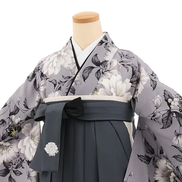 卒業式袴T461 華徒然 パープルグレー春の花 × グレー