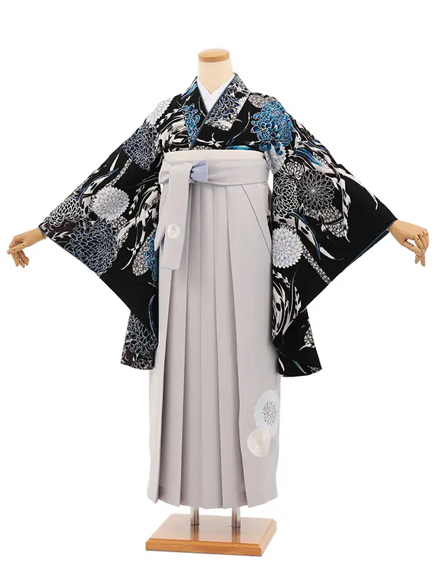 卒業式袴T466 JAPAN STYLE 黒菊と羽 × グレー