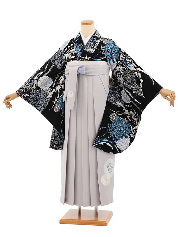 卒業式袴T467 JAPAN STYLE 黒菊と羽 × グレー