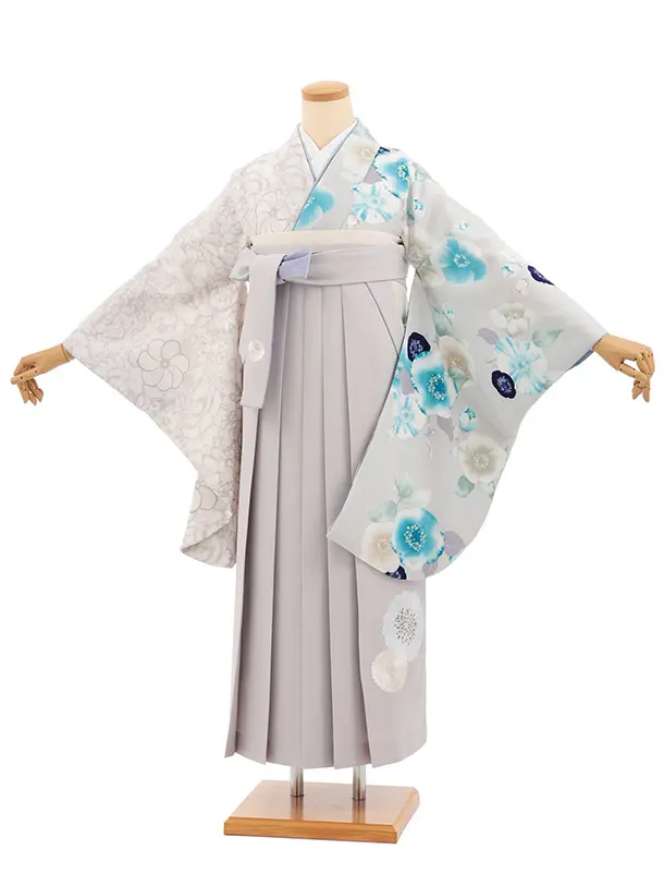卒業式袴T475 JAPAN STYLE グレー片身替り椿 × グレー