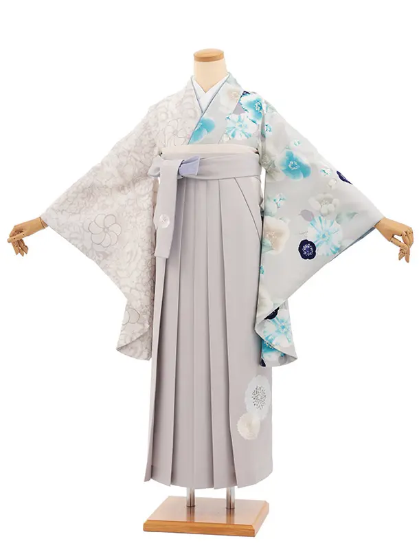 卒業式袴T475 JAPAN STYLE グレー片身替り椿 × グレー
