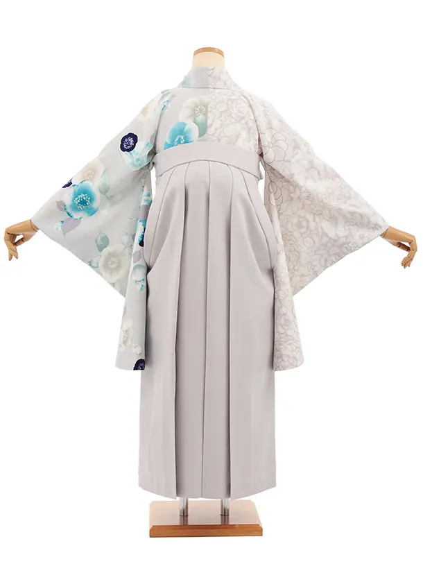 卒業式袴T475 JAPAN STYLE グレー片身替り椿 × グレー