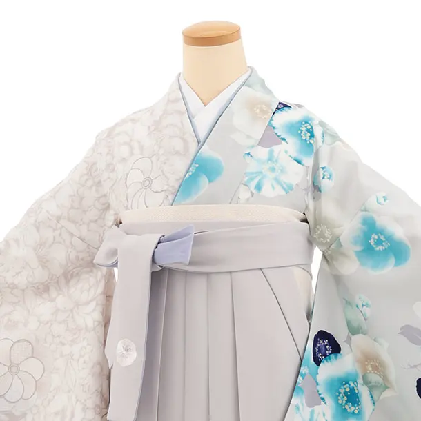 卒業式袴T475 JAPAN STYLE グレー片身替り椿 × グレー