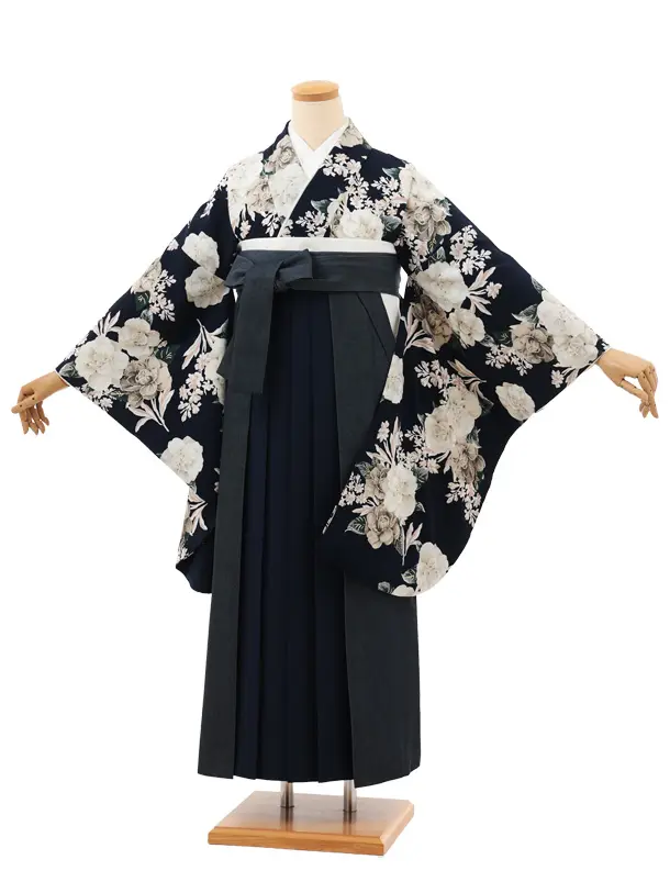 卒業式袴レンタルT499 Heather ネイビー花 × デニム切りかえ