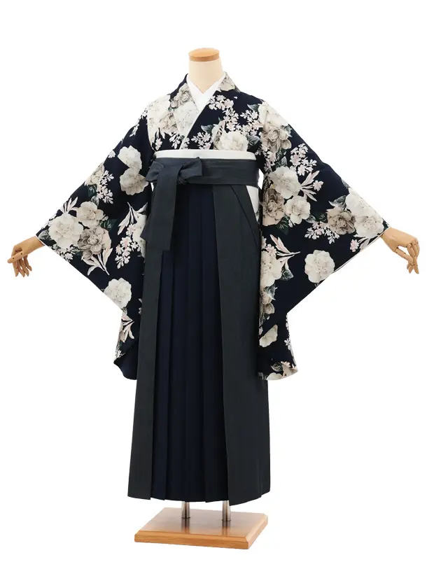 卒業式袴レンタルT499 Heather ネイビー花 × デニム切りかえ