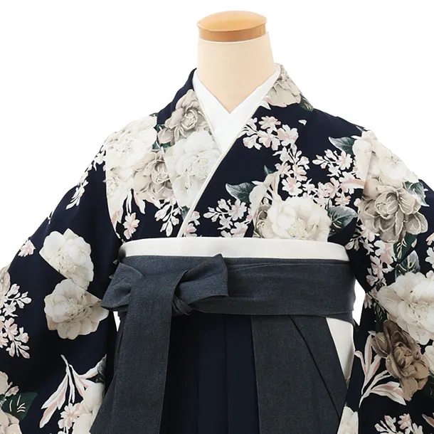 卒業式袴レンタルT499 Heather ネイビー花 × デニム切りかえ