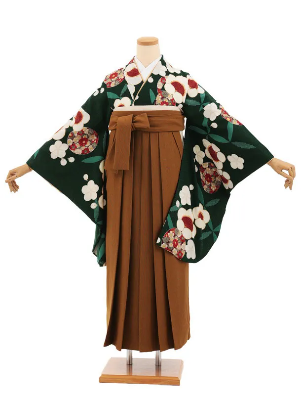 卒業式袴レンタルT501 グリーン梅花丸×キャメルブラウンコーデュロイ