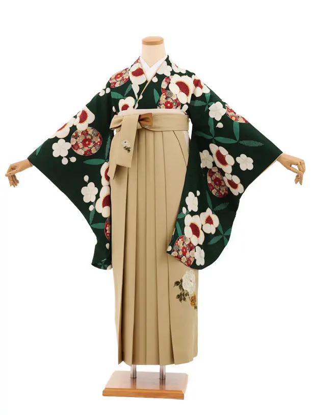 卒業式袴レンタルT502 グリーン梅花丸 × モカベージュ