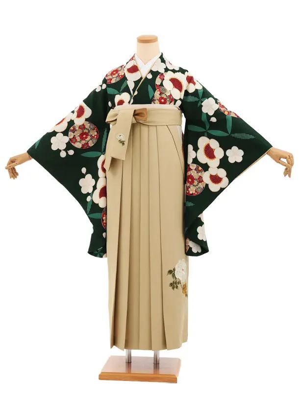 卒業式袴レンタルT502 グリーン梅花丸 × モカベージュ