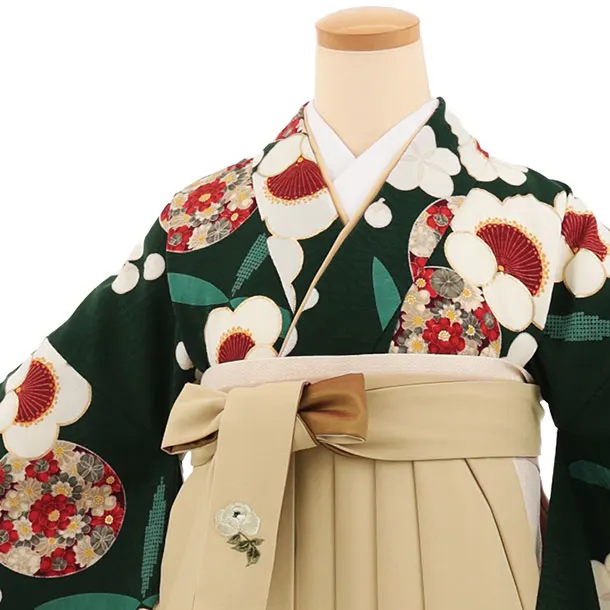 卒業式袴レンタルT502 グリーン梅花丸 × モカベージュ