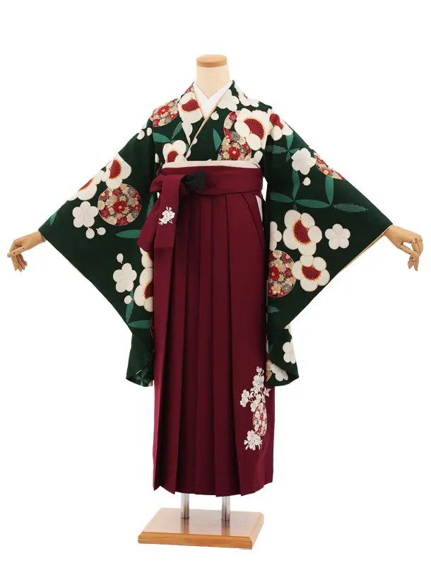 卒業式袴レンタルT503 九重 グリーン梅花丸 × ボルドー